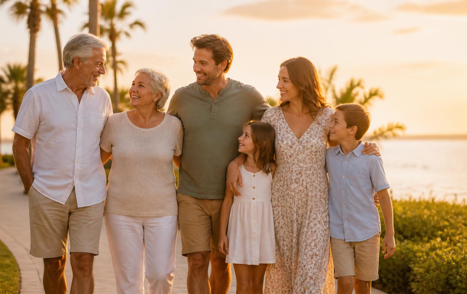 A Florida family walking together along the coast at sunset